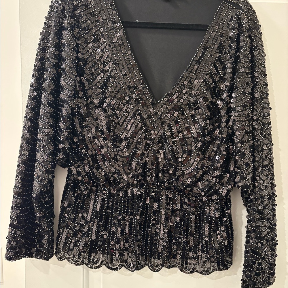Black Sequin V-Neck Women's Top